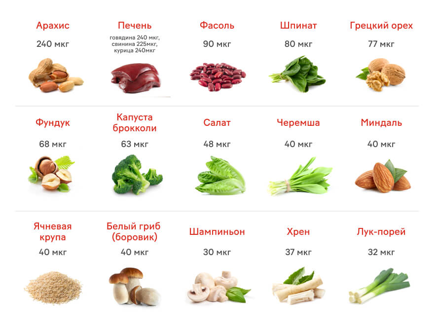 Таблица: продукты, содержащие В9